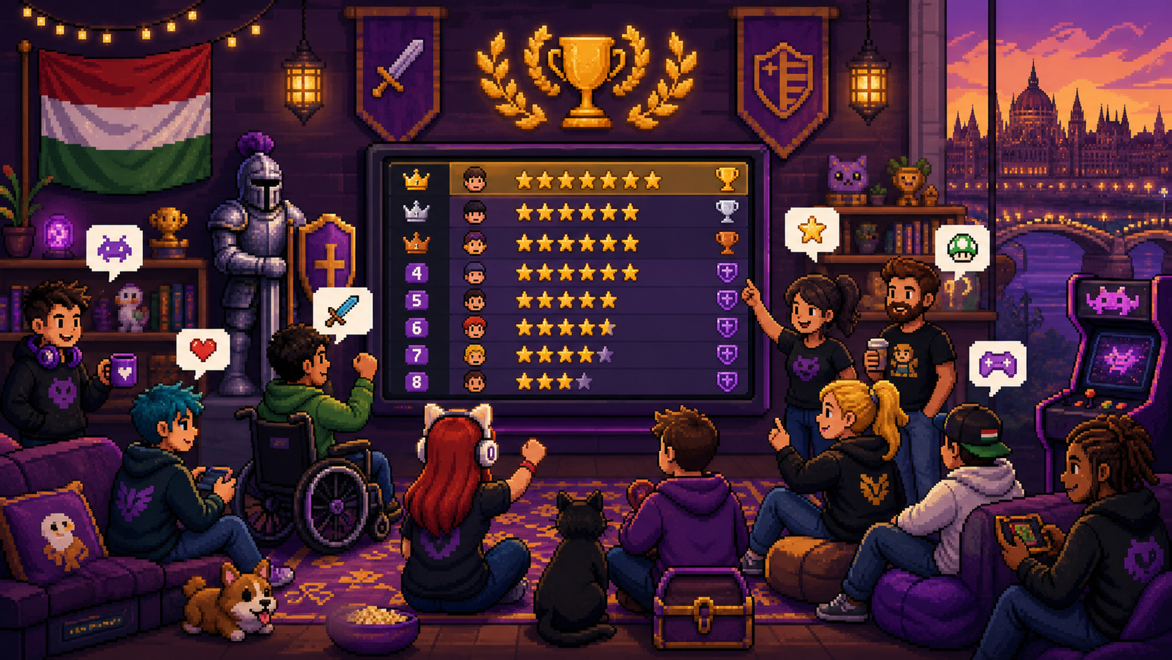 Közösségi játékértékelések pixel avatárokkal és ranglistával