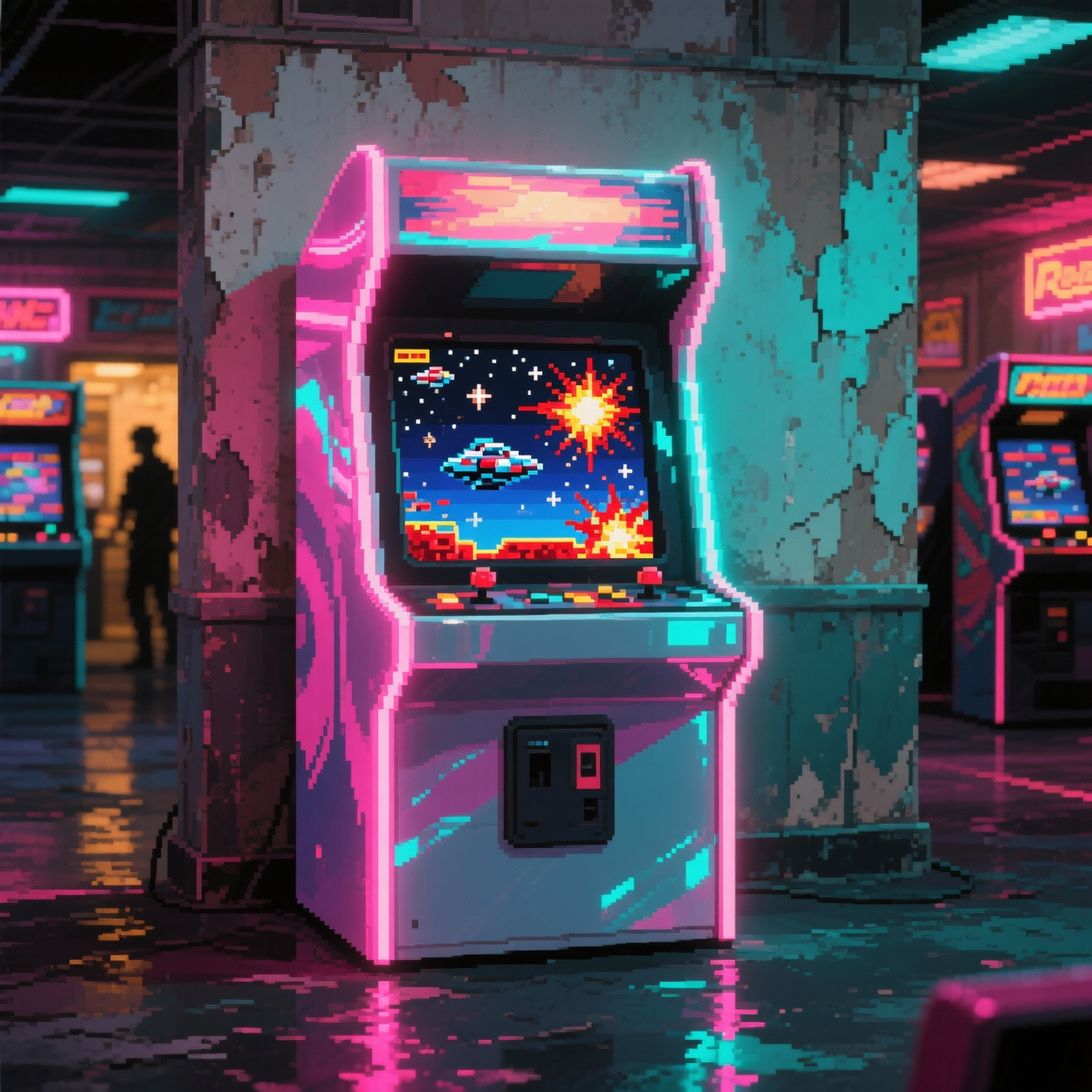 Retro pixel játékterem illusztráció neon fénnyel
